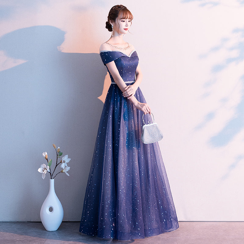 Blue tulle sequins prom dress formal dress 8337