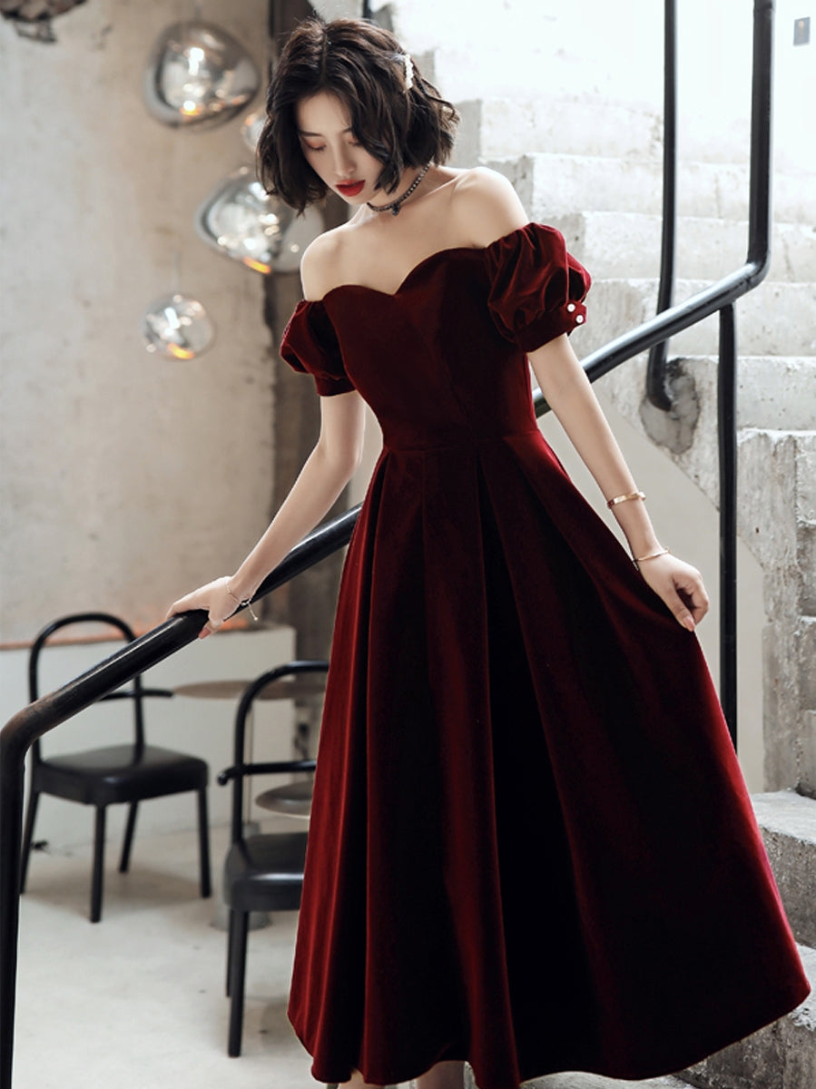 Burgundy velvet short prom dress party dress 8192