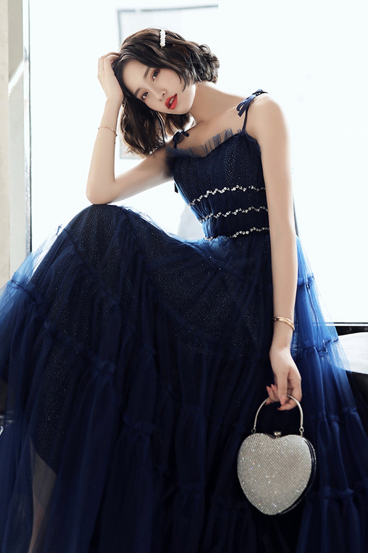 Blue tulle long A line prom dress blue evening dress 8741
