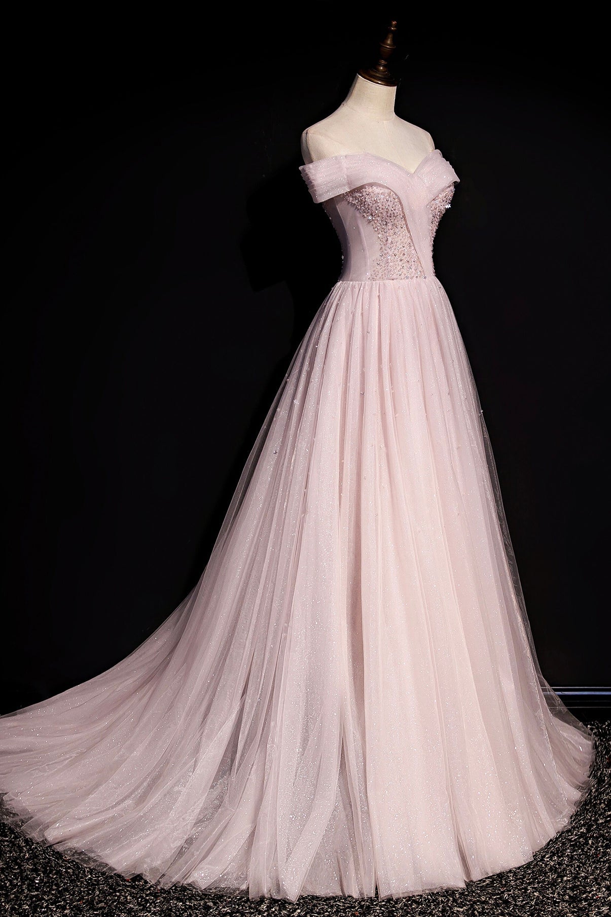 Pink tulle beads long prom dress A line evening dress 8648