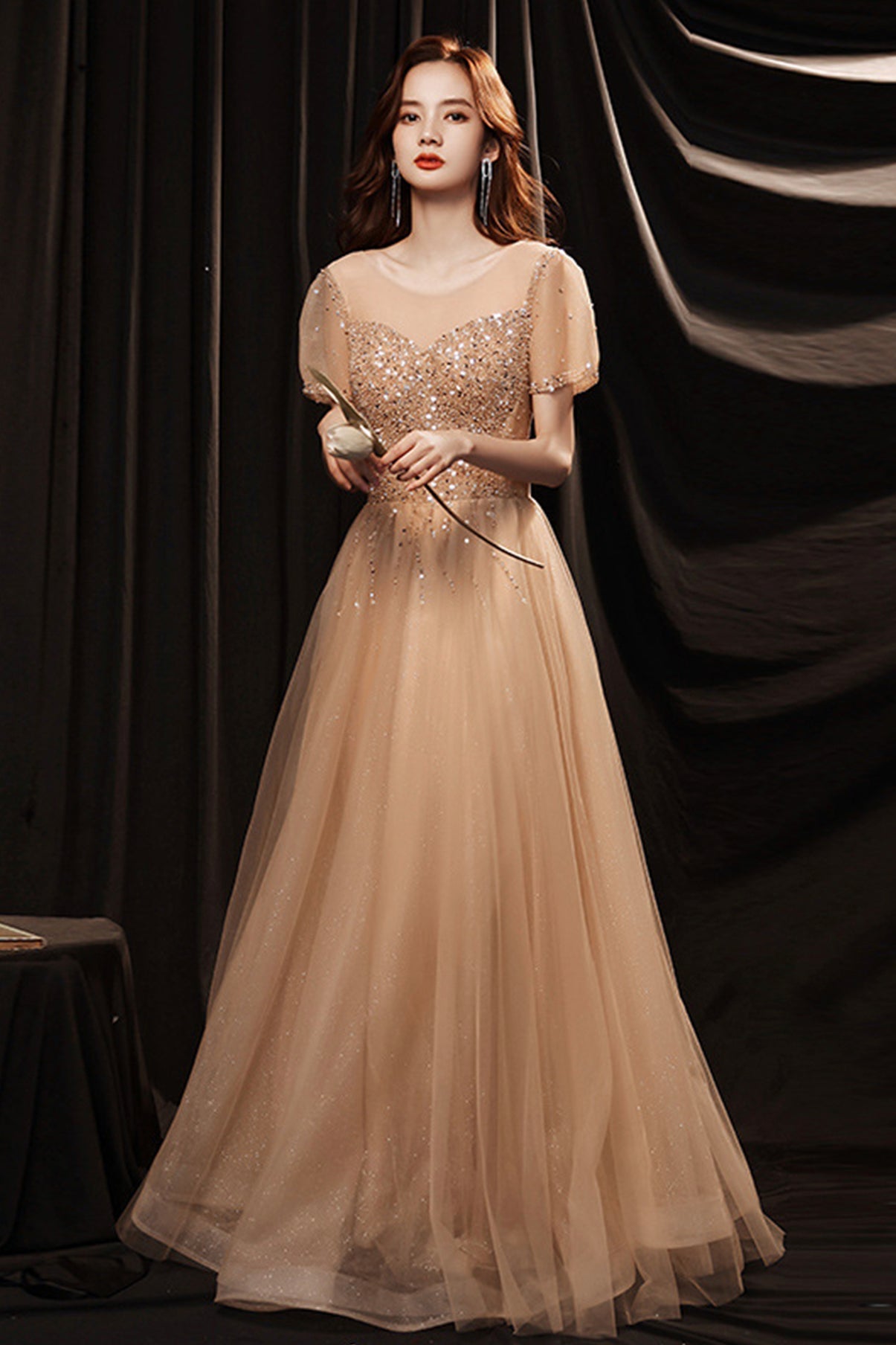 Cute tulle beads long A line prom dress evening dress 8727