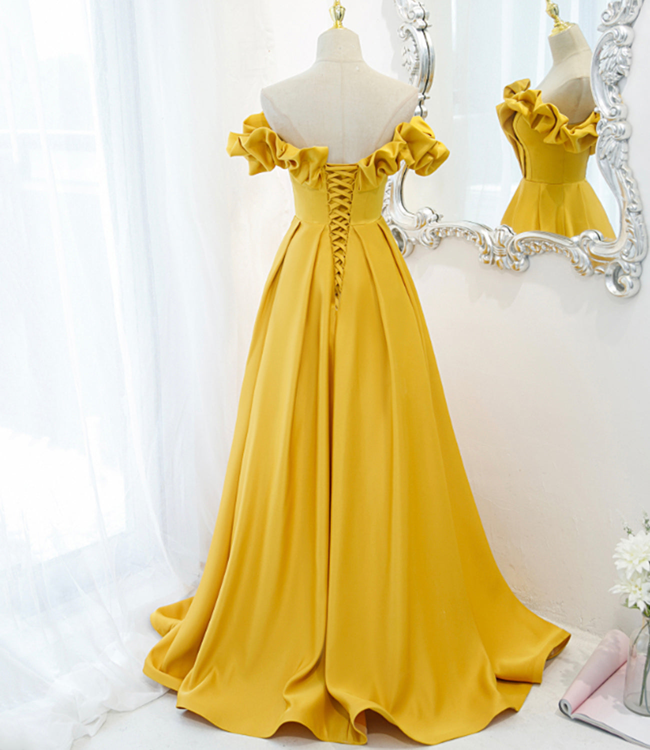 Yellow satin long A line prom dress evening dress 8812