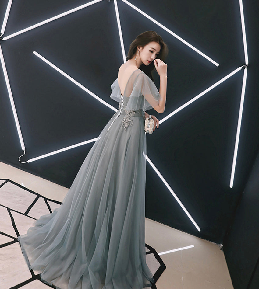 Grey tulle lace long prom dress lace evening dress 8532