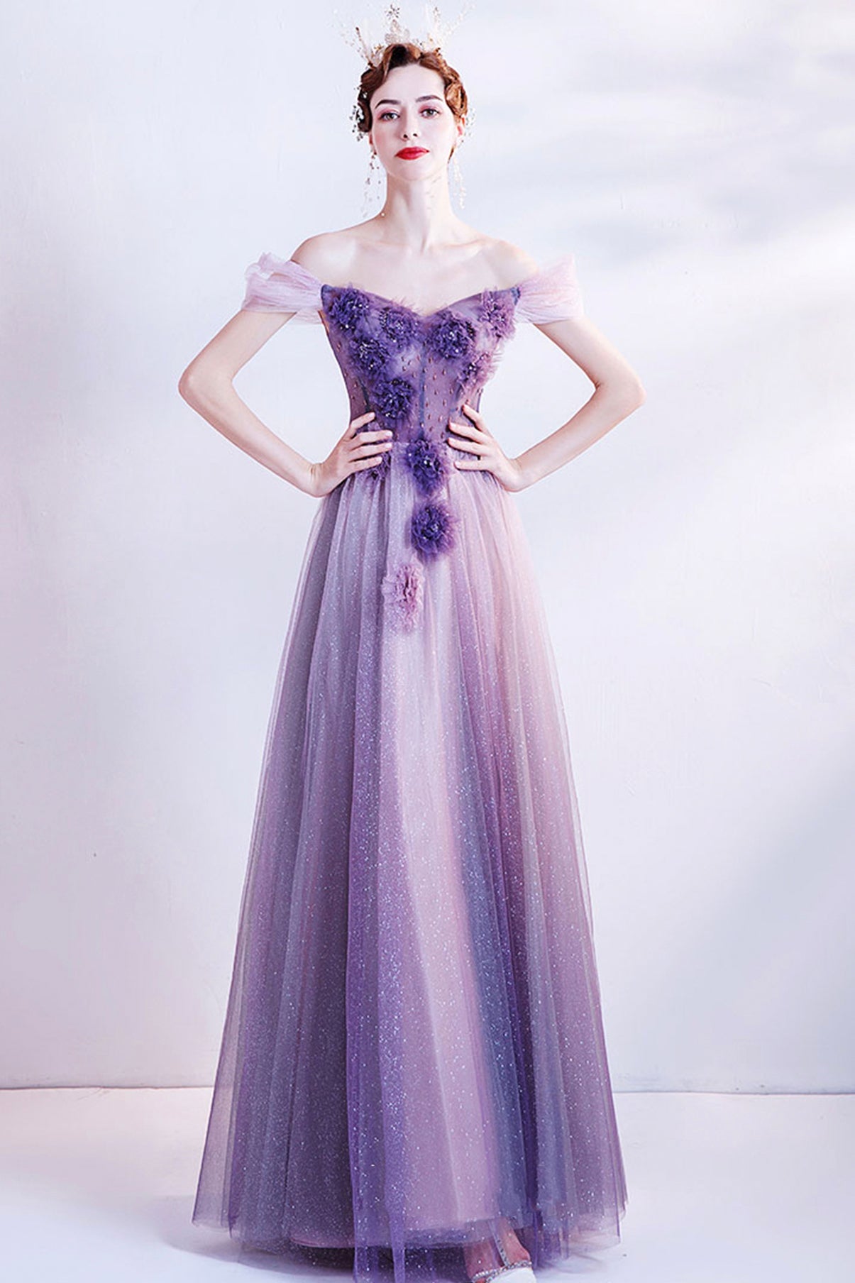 Purple tulle long A line prom dress evening dress 8740