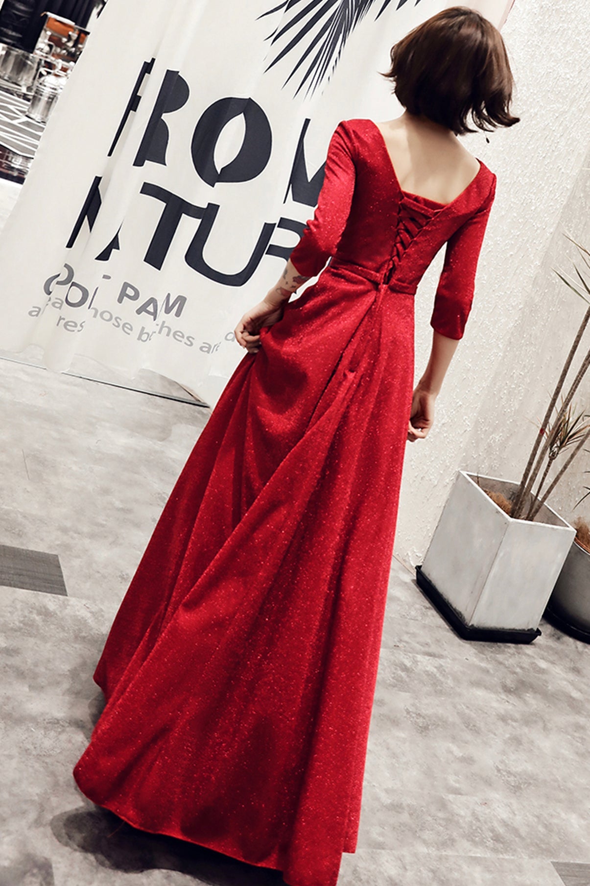 Burgundy v neck long A line prom dress evening dress 8758