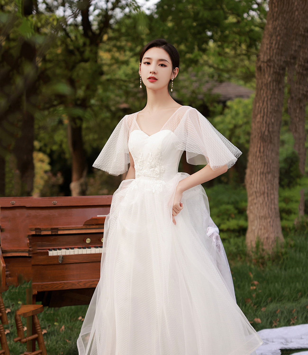 White tulle long A line prom dress bridesmaid dress 8888