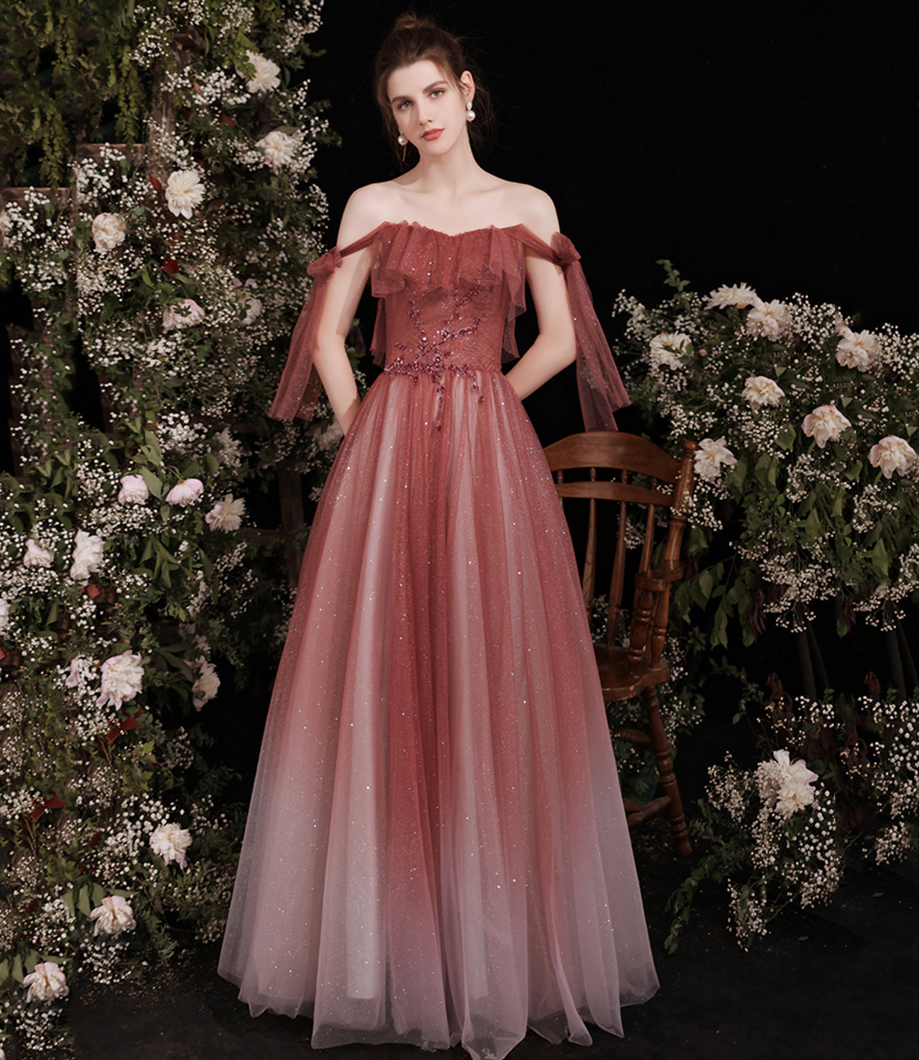 Burgundy tulle long A line prom dress evening dress 8798