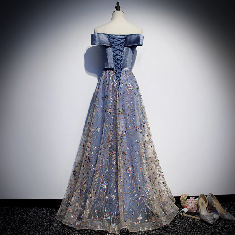 Blue velvet tulle long prom dress blue evening dress 8465