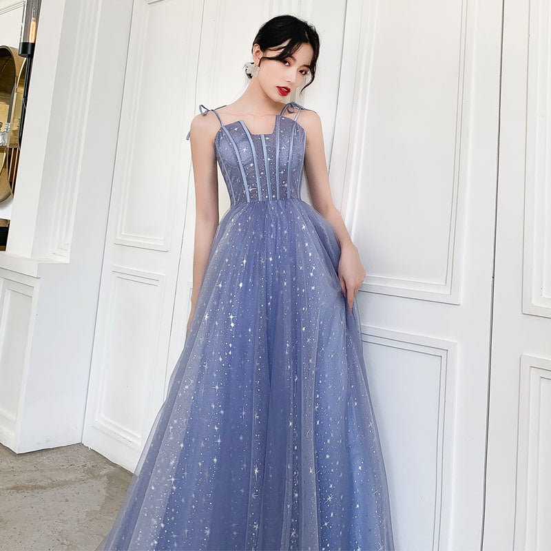 Blue tulle long prom dress, blue evening dress 8139