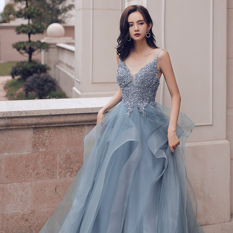 Blue v neck tulle lace long prom dress 8221