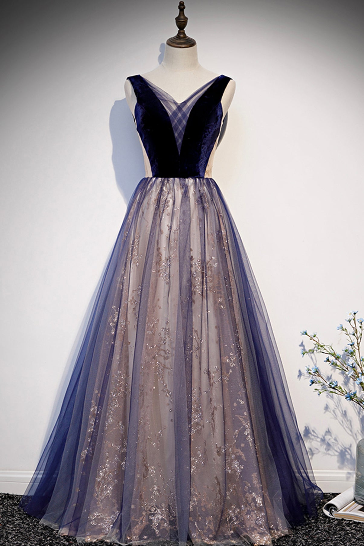 Blue v neck tulle long A line prom dress formal dress 8636