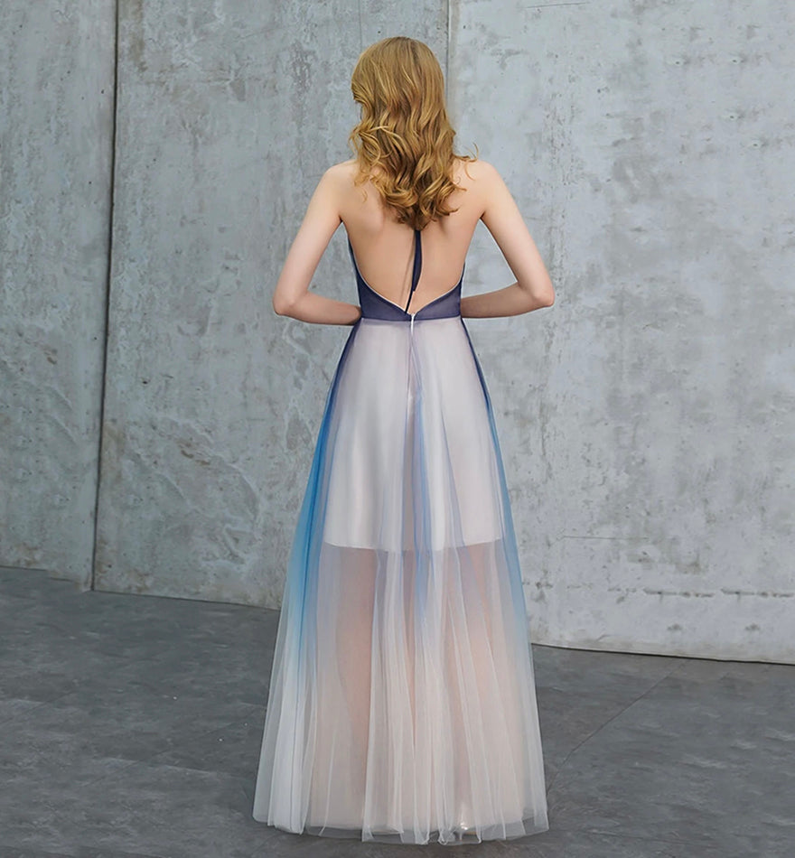 Blue v neck tulle long prom dress blue evening dress 8443