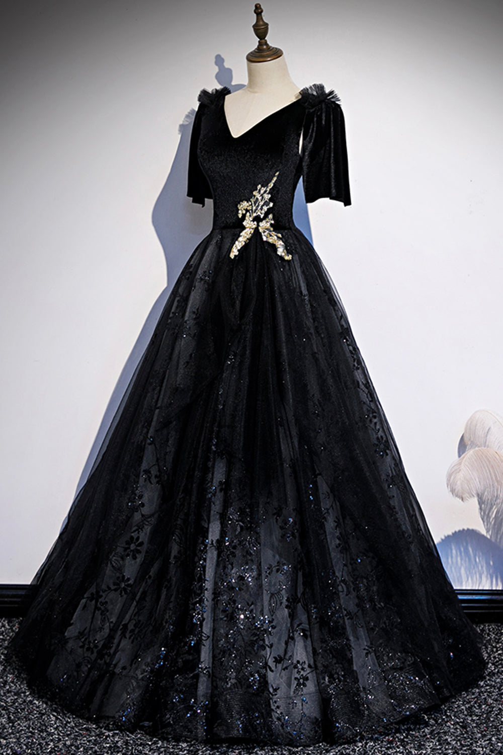 Black velvet lace long prom dress evening dress 8502