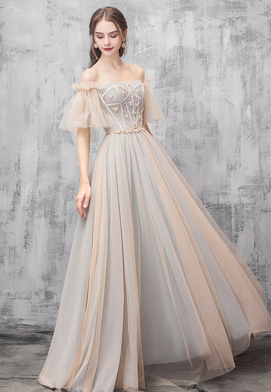Champagne tulle beads prom dress evening dress 8494