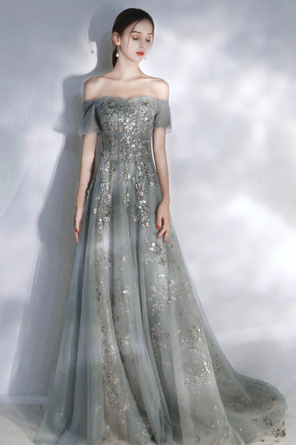 Grey sequins long A line prom dress evening dress 8575