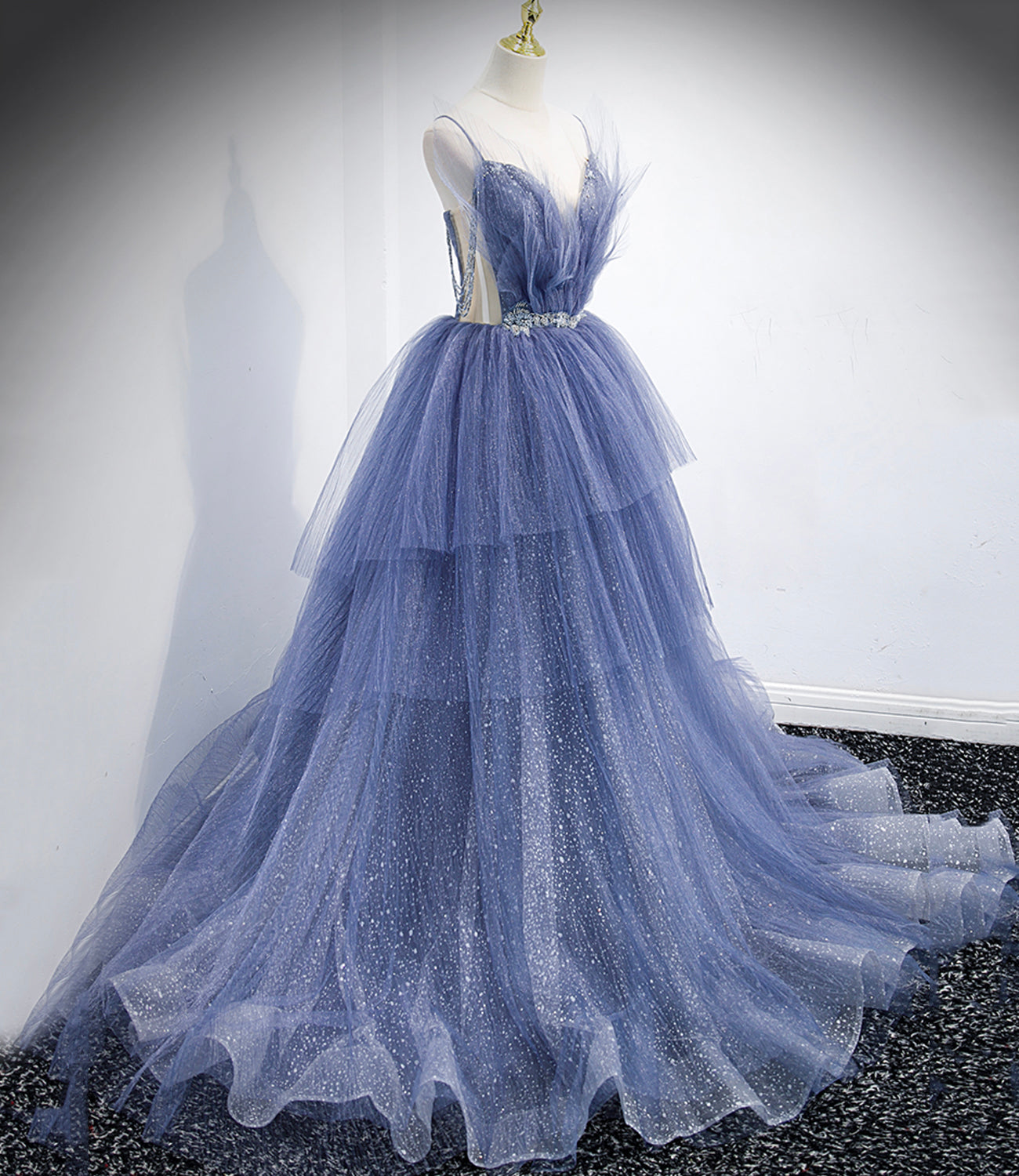 Blue tulle long A line prom dress blue evening dress 8864