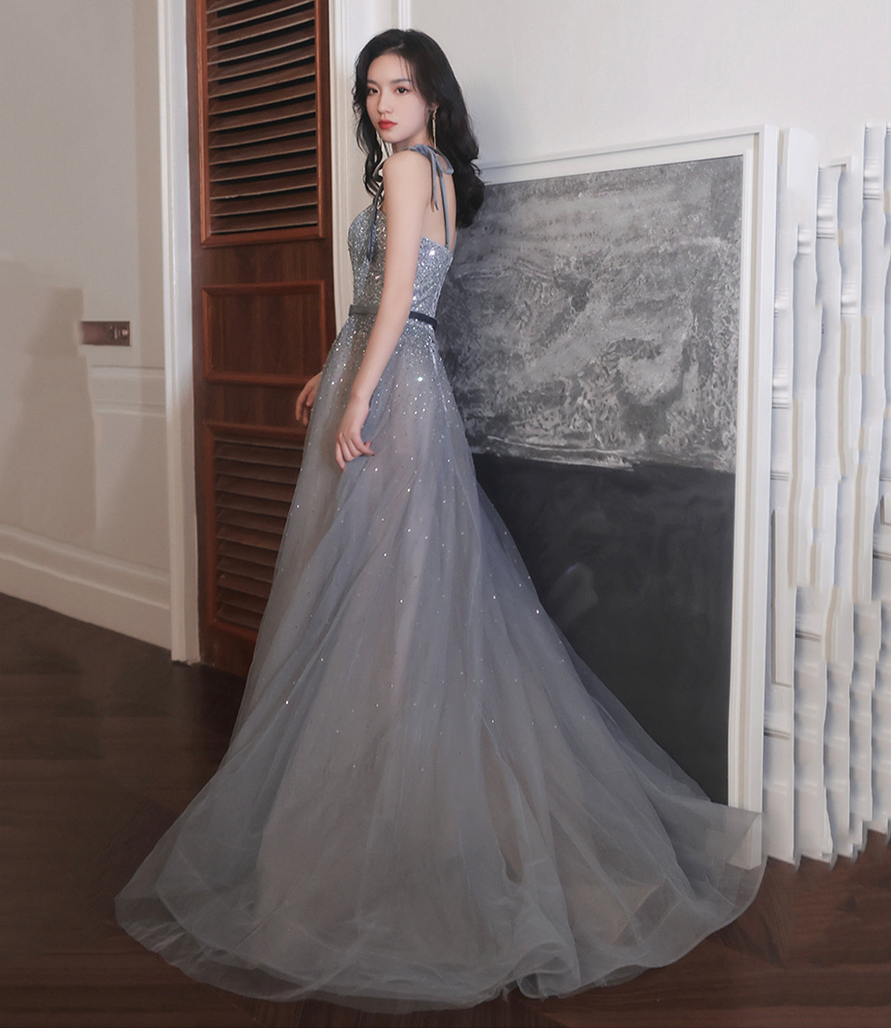 Gray tulle sequins long prom dress A line evening dress 8889