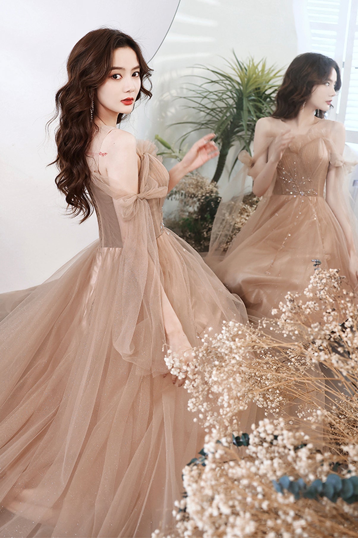Cute tulle sequins long A line prom dress evening dress 8705