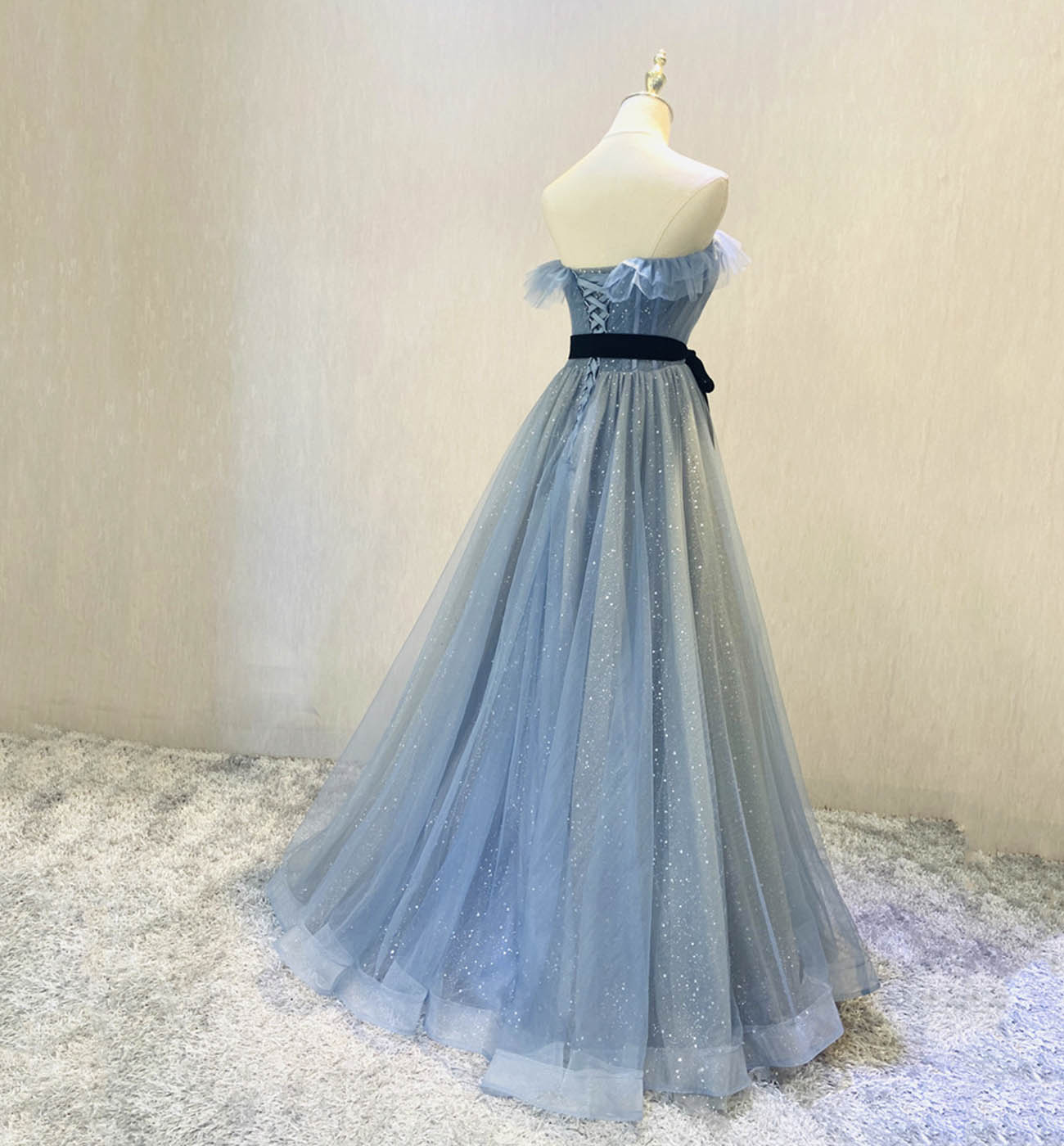 Blue tulle long prom dress blue evening dress 8607