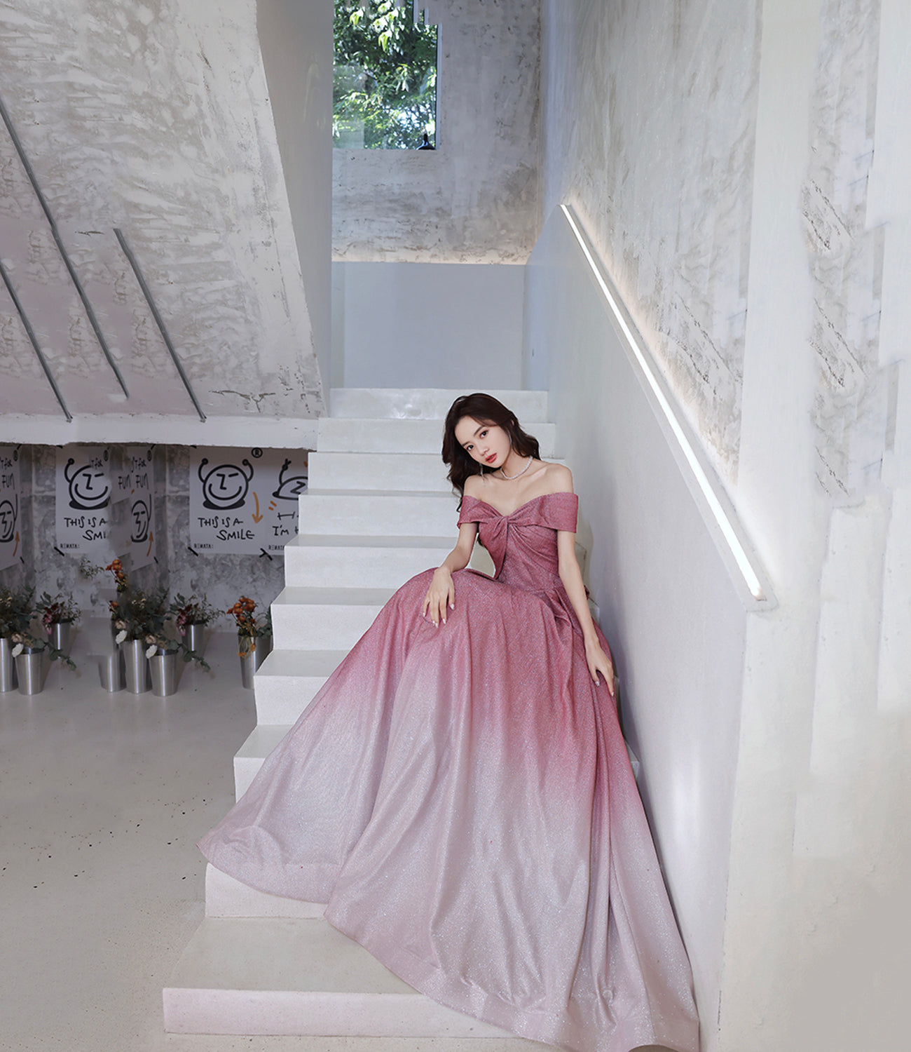 Pink gradient long A line prom dress evening dress 8823