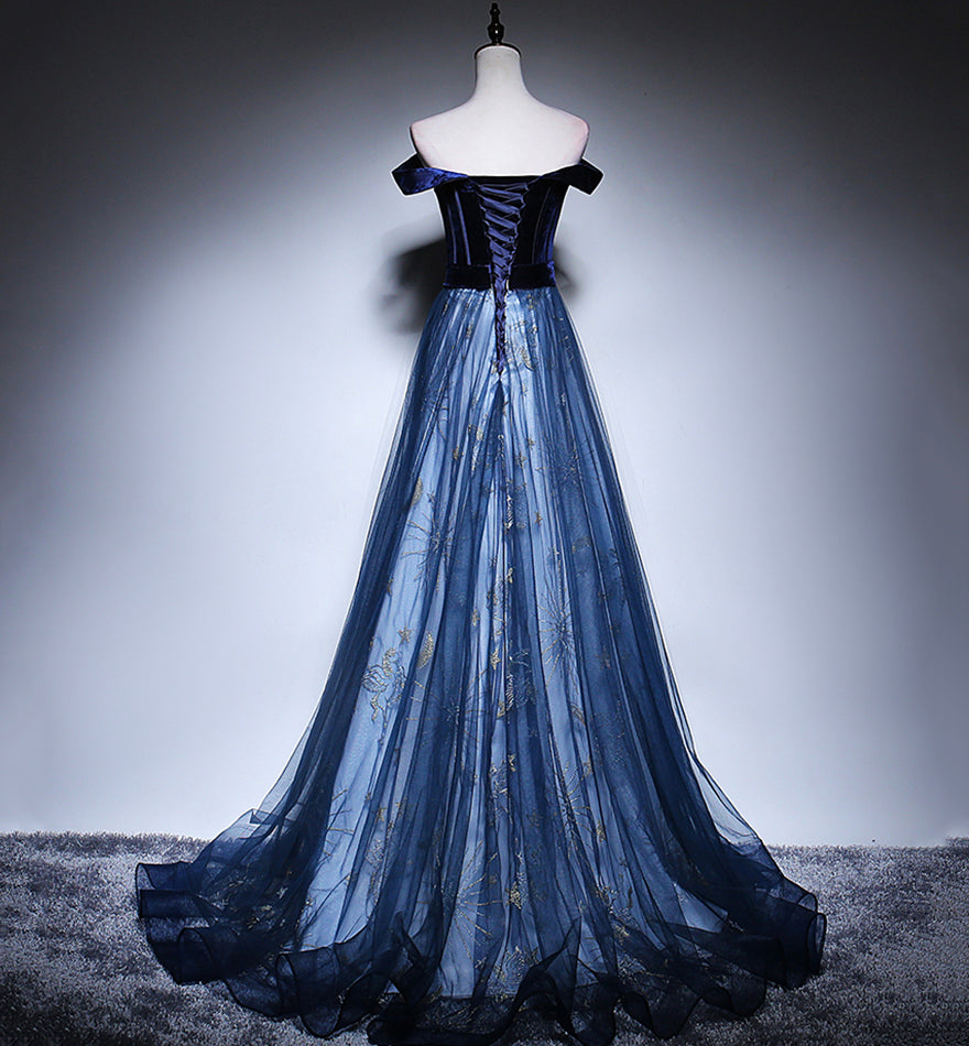 Blue velvet tulle long prom dress evening dress 8449