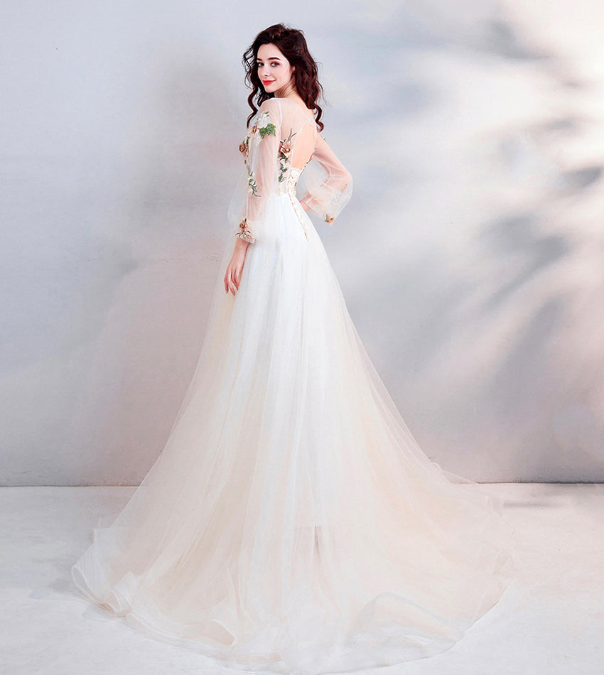 Light champagne lace long prom dress evening dress 8451