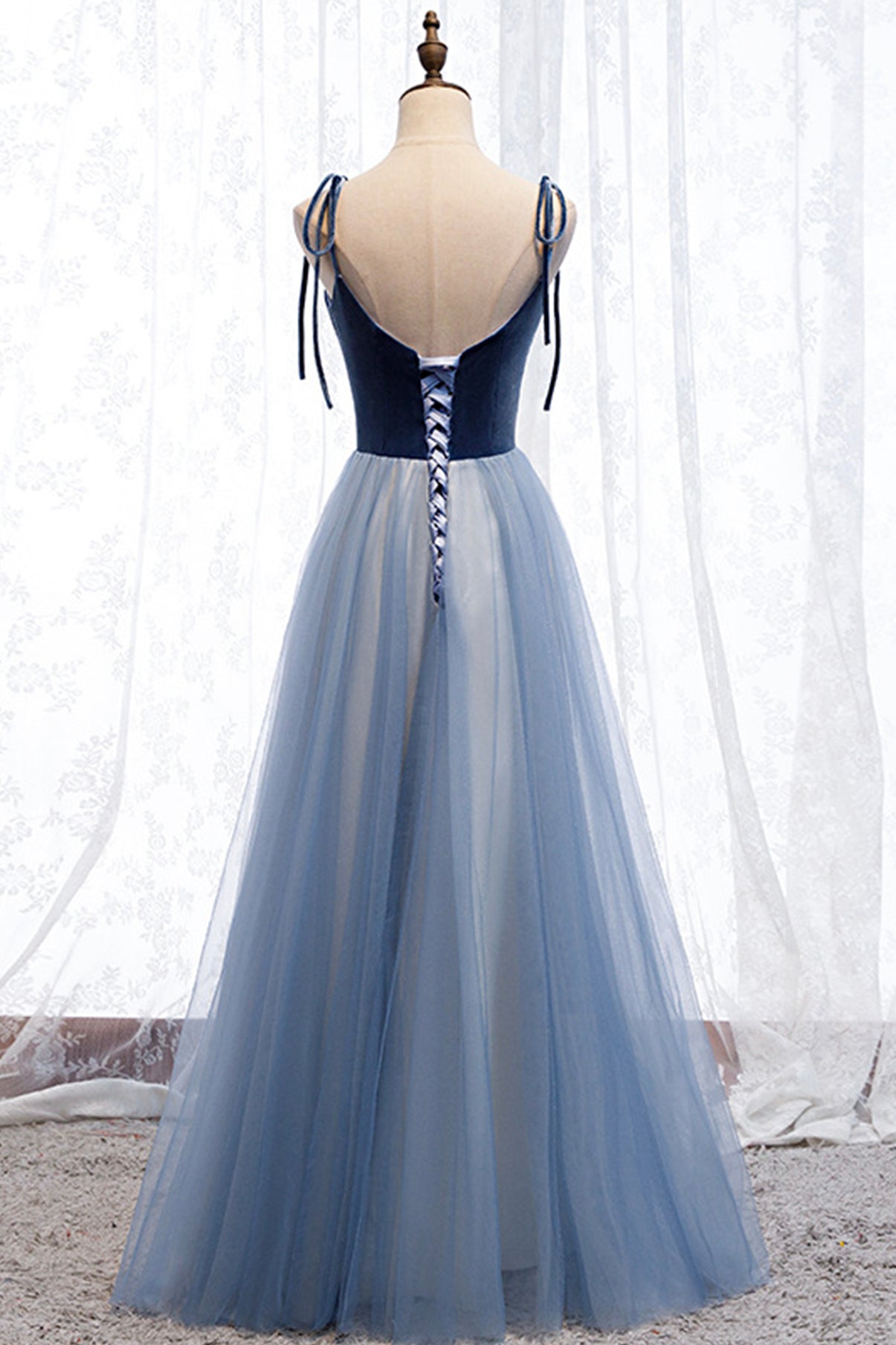 Blue velvet tulle long prom dress blue evening dress 8637