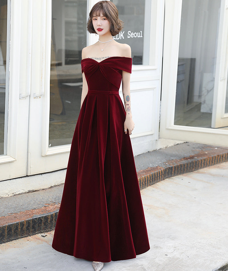 Burgundy velvet long prom dress evening dress 8406