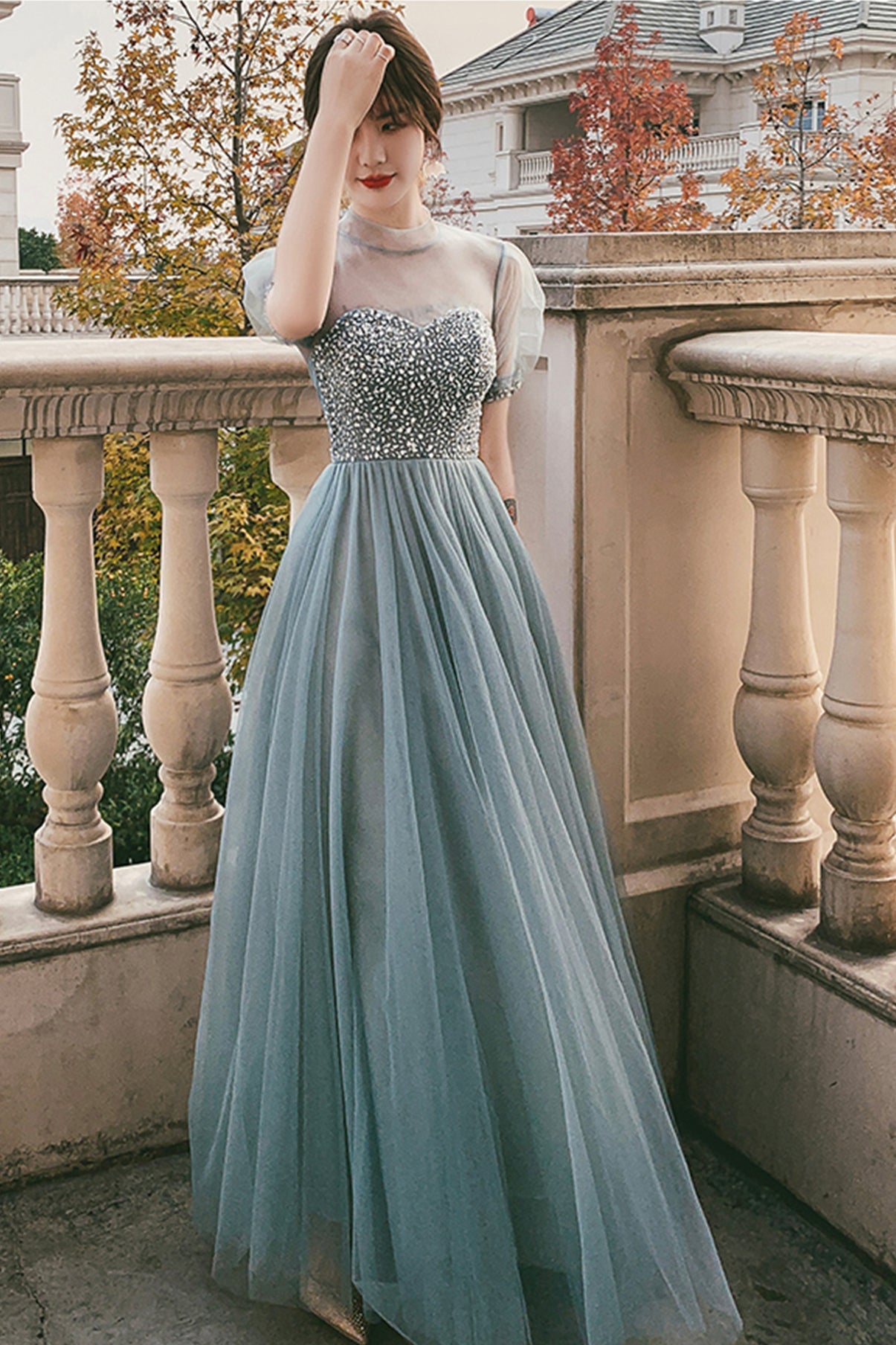 Blue tulle beads long A line prom dress evening dress 8789