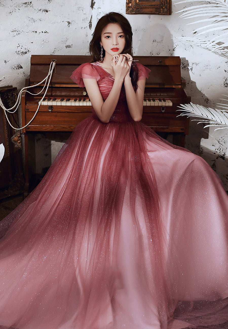 Burgundy tulle sequins long prom dress 8313