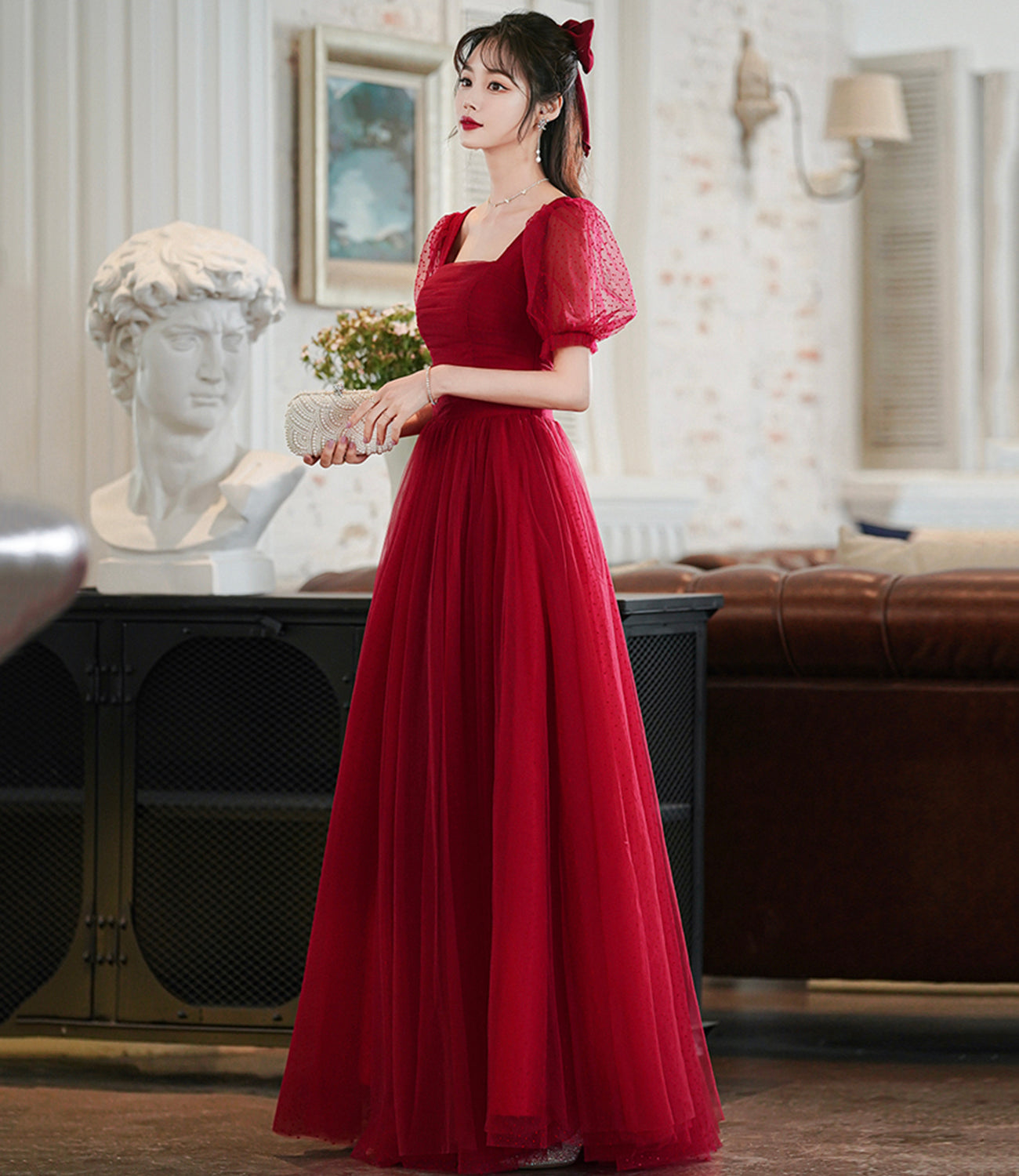 Burgundy tulle long A line prom dress evening dress 8843
