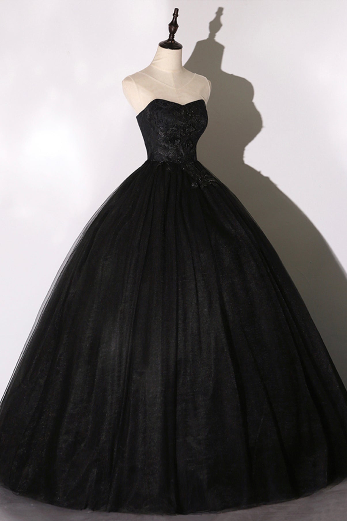 Black Delicate Lace Floral A-Line Long Tulle Ball Gown Evening Dress 8641