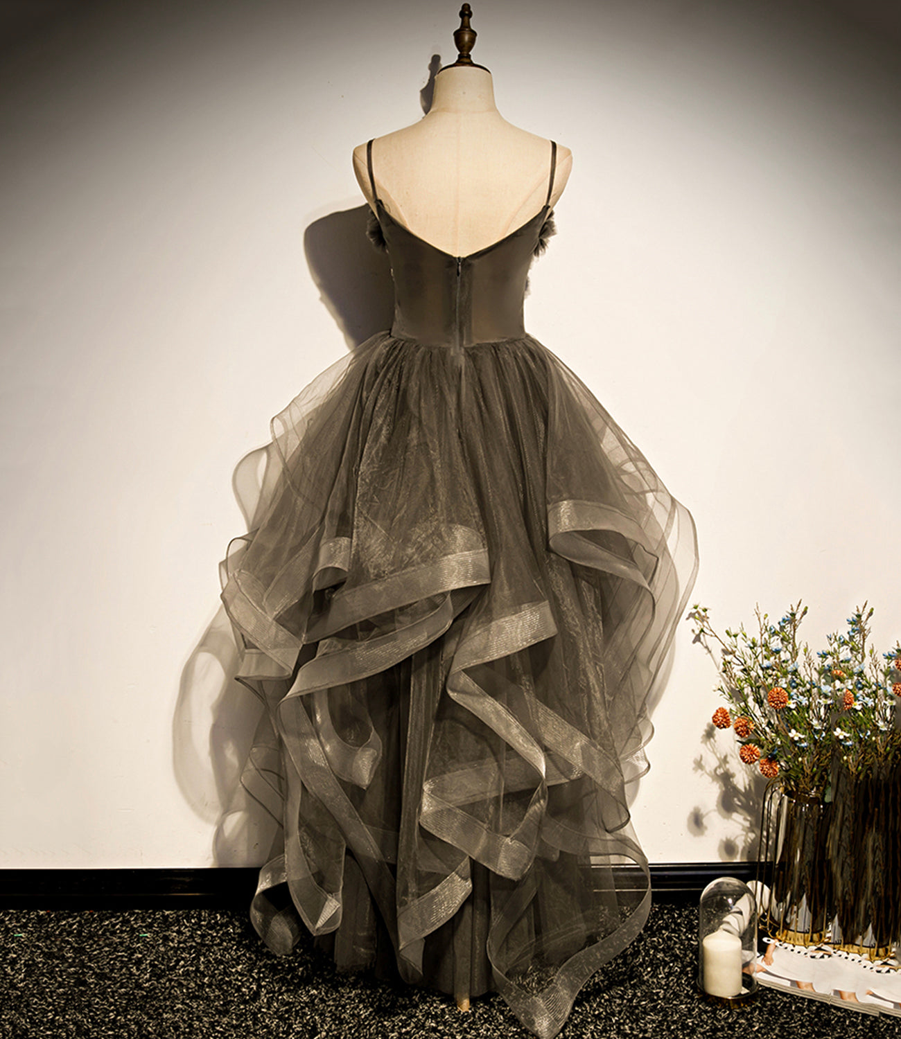 Gray tulle long A line prom dress evening dress 8824