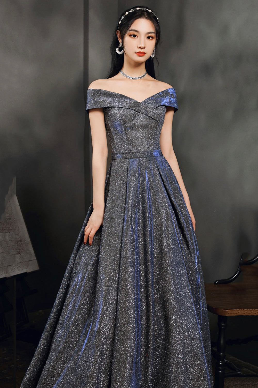 Simple A line v neck long prom dress off shoulder evening dress 8503