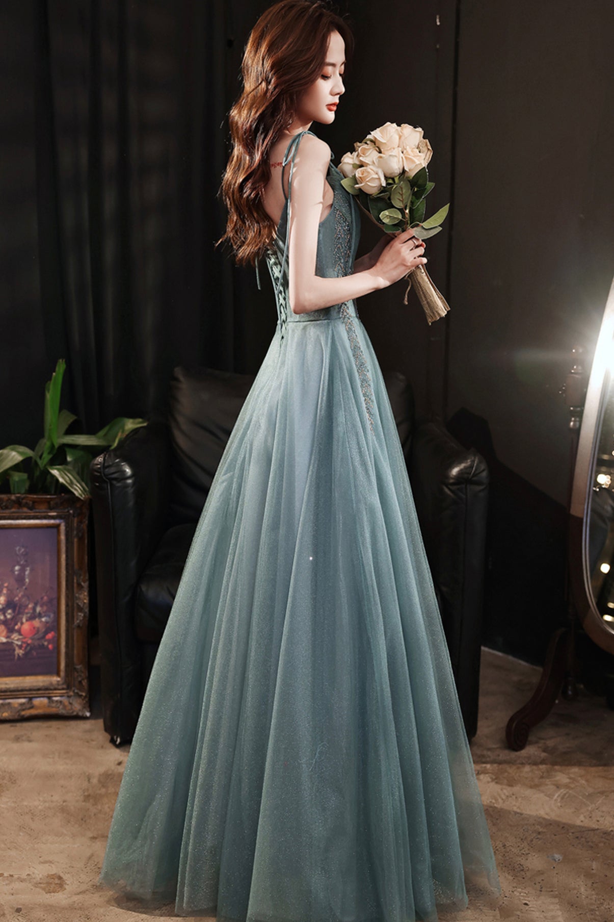 Cute tulle long A line prom dress evening dress 8781