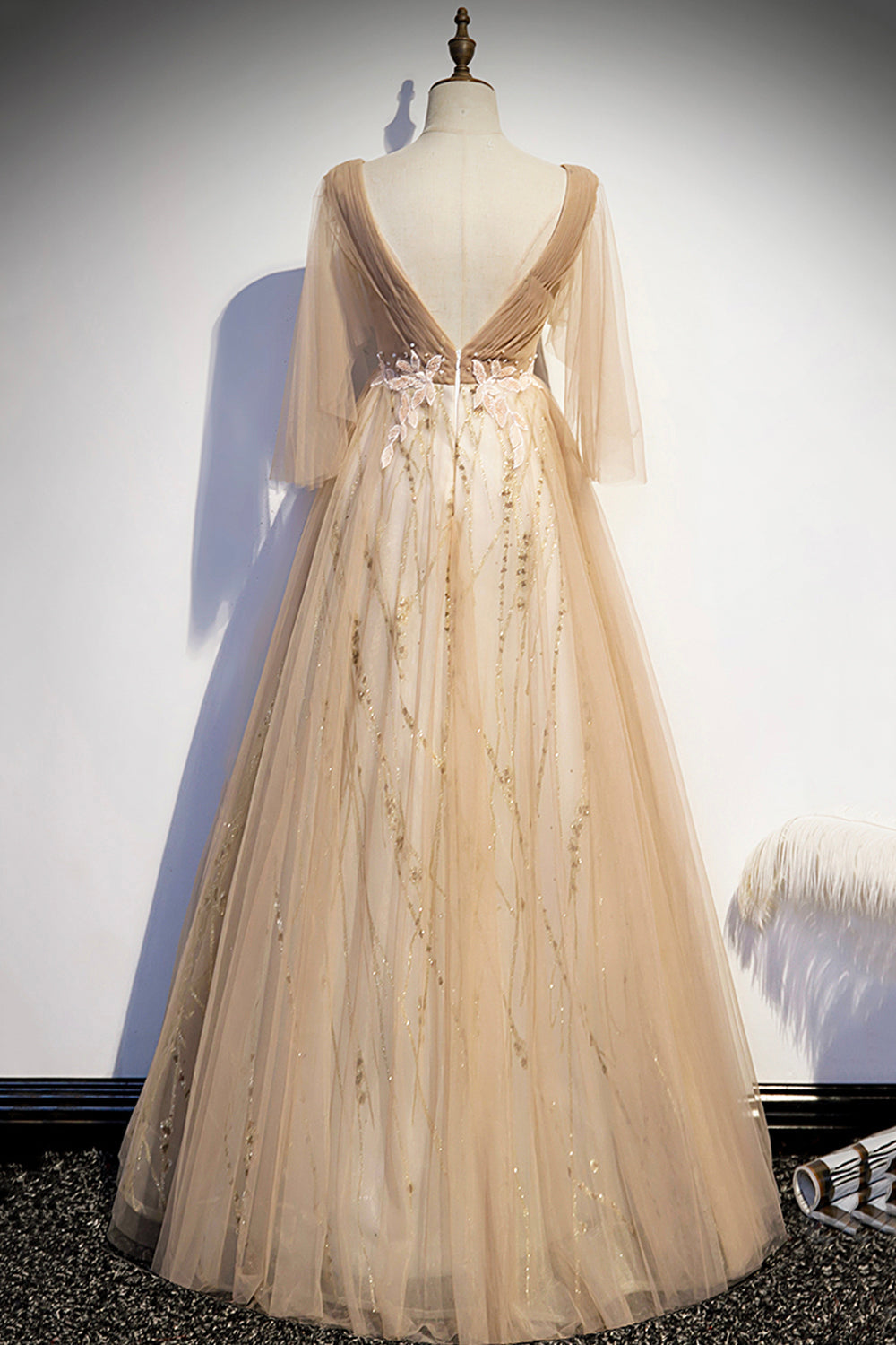 Champagne v neck lace long prom dress A line evening dress 8595