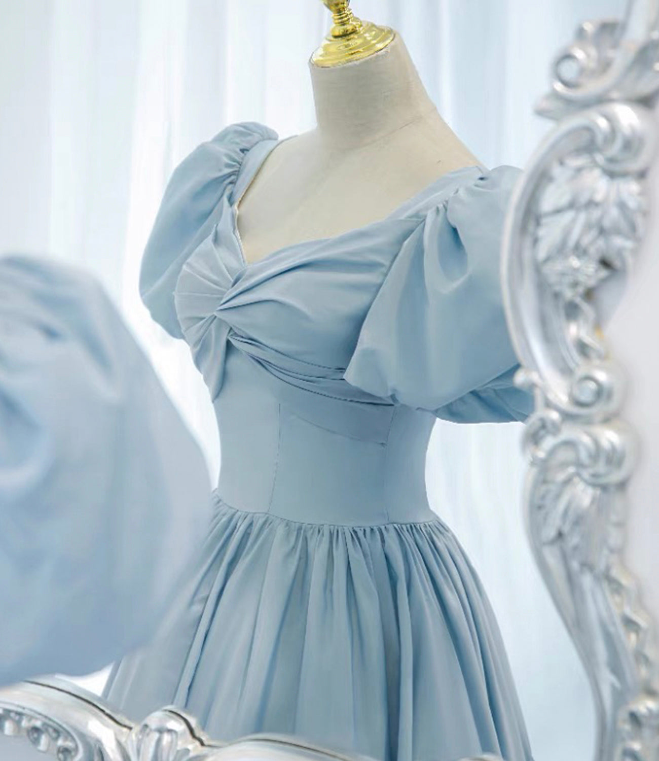 Blue satin long A line prom dress blue evening dress 8837