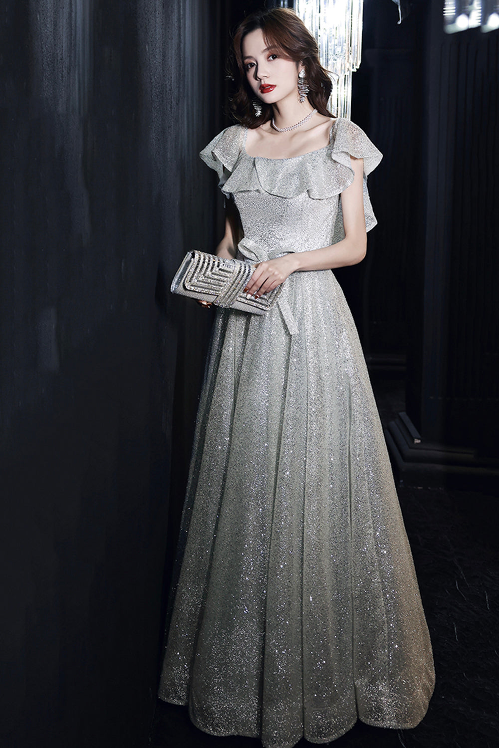 Silver sequins long prom dress shiny evening dress 8509