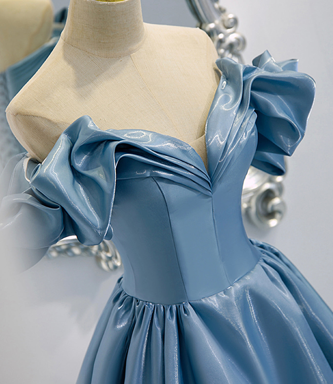 Shiny satin long A line prom dress blue evening dress 8845