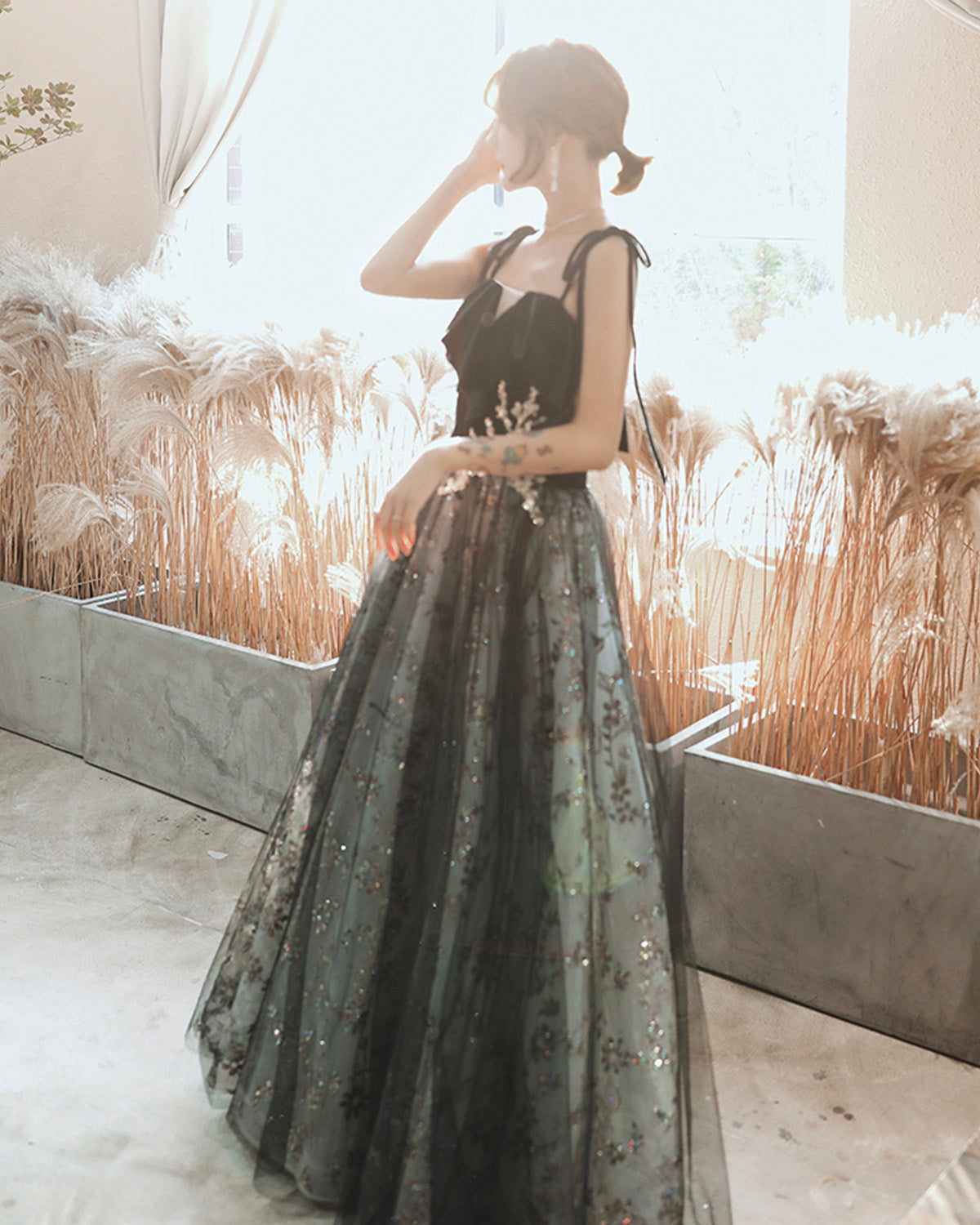 Black tulle sequins long prom dress black evening dress 8901