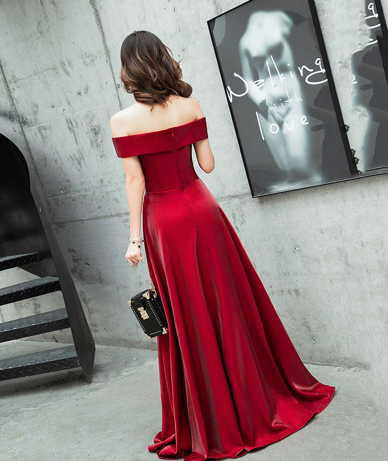 Burgundy satin long prom dress cute evening dress 8468
