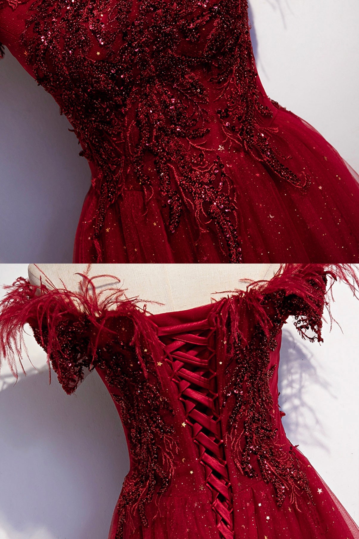Burgundy tulle sequins long A line prom dress evening dress 8710