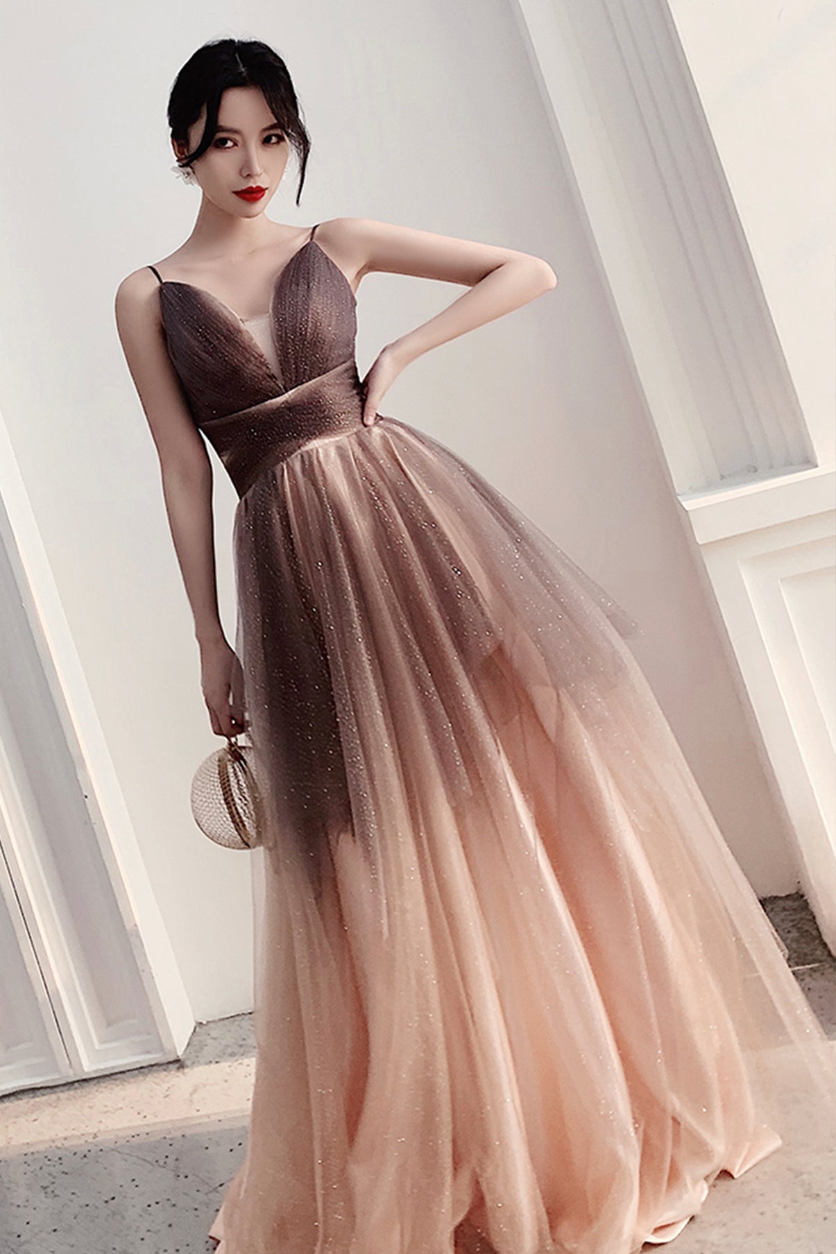 Cute tulle long A line prom dress evening dress 8858