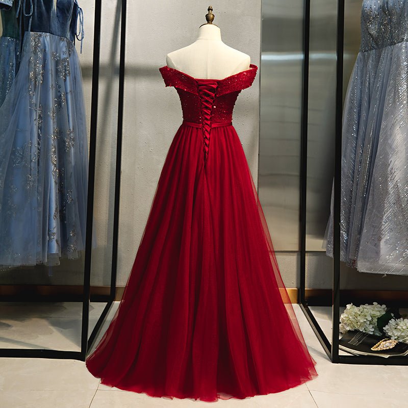 Burgundy tulle beads long prom dress, evening dress 8219