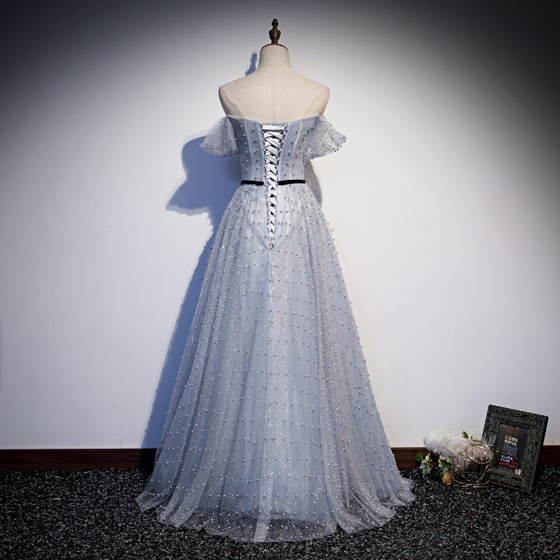 Lovely A line tulle pearl long prom dress evening dress 8685
