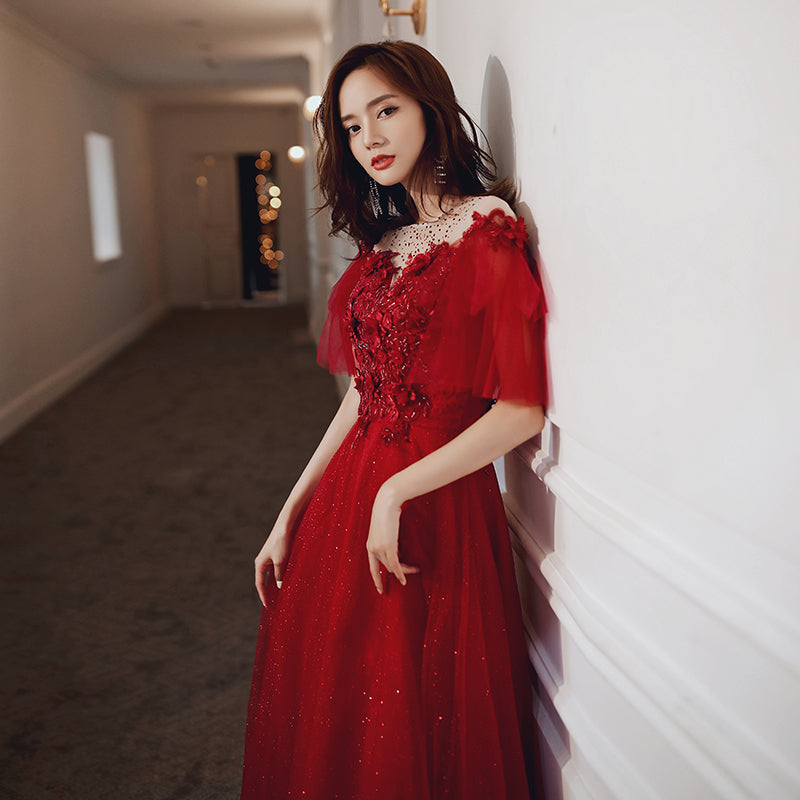 Red tulle lace long prom dress red evening dress 8231