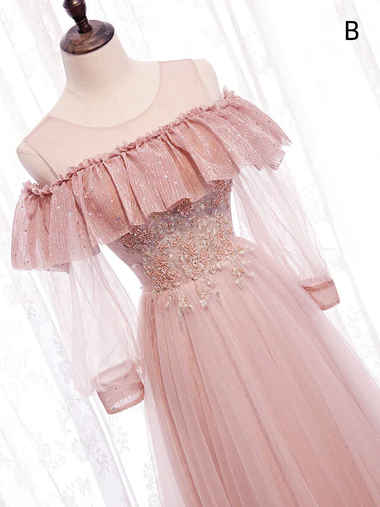 Pink tulle lace long prom dress evening dress 8349
