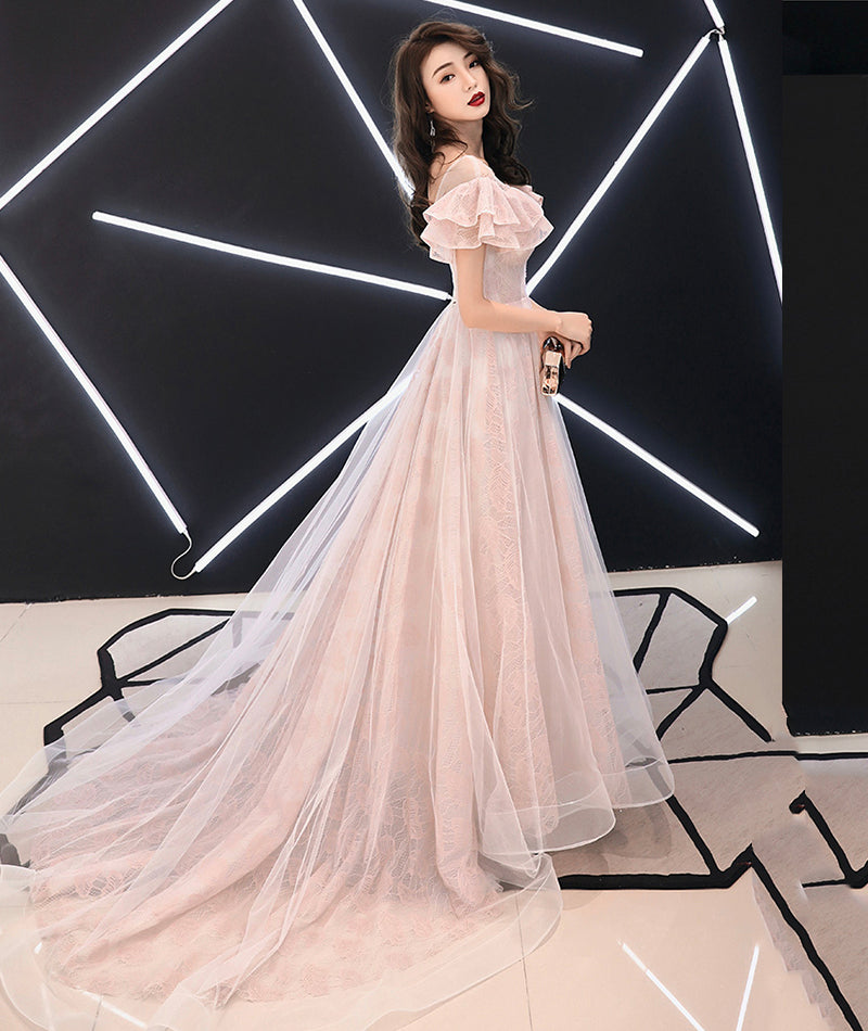 Pink lace tulle long prom dress pink evening dress 8372