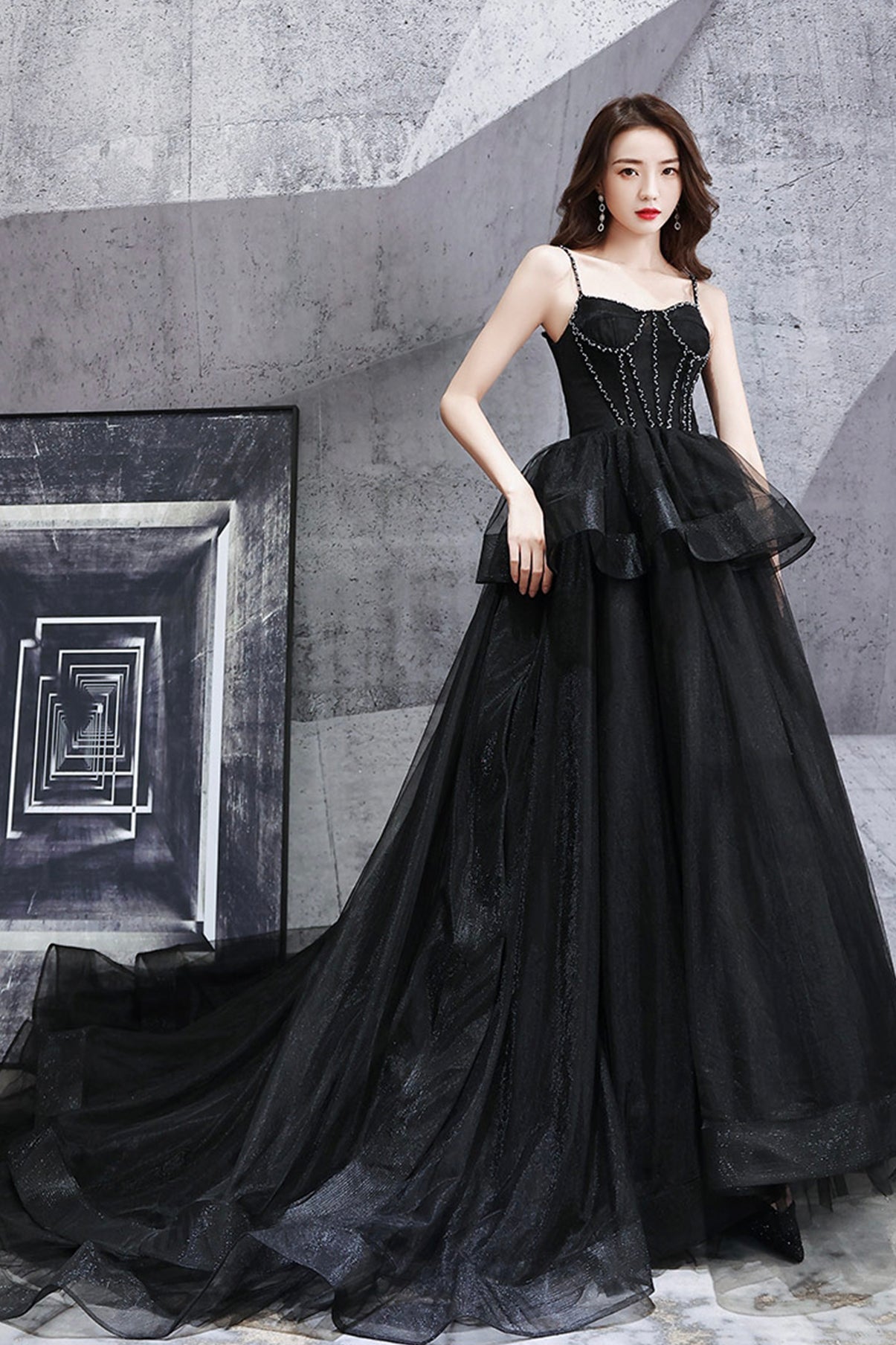 Black tulle long ball gown dress black evening dress 8665