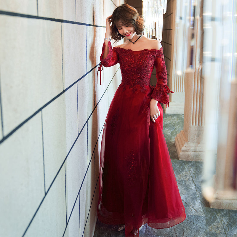 Burgundy tulle lace prom dress formal dress 8229